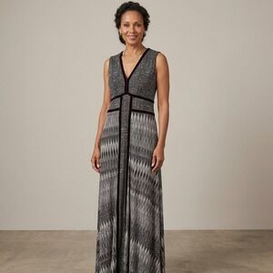 Maxi Dress Womens Velvet Trim V Neck Black Silver Zig Zag Pattern Size ~L/XL